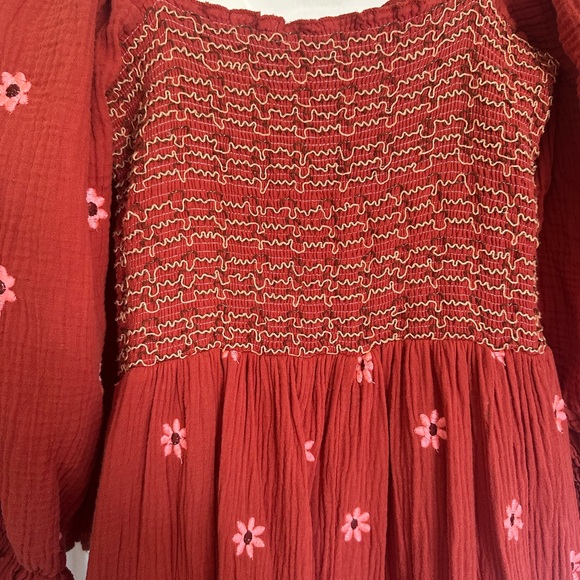 Red Smocked Dress with Pink Floral Embroidery - Picture 4 of 4